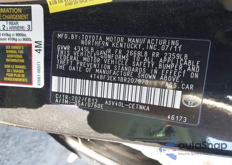 2011 Toyota Camry Le z USA, uszkodzony, nr VIN 4T4BF3EK1BR207979